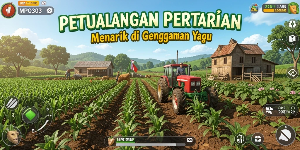 Screenshot gameplay MPO303 menampilkan ladang subur dan hewan ternak yang ceria.