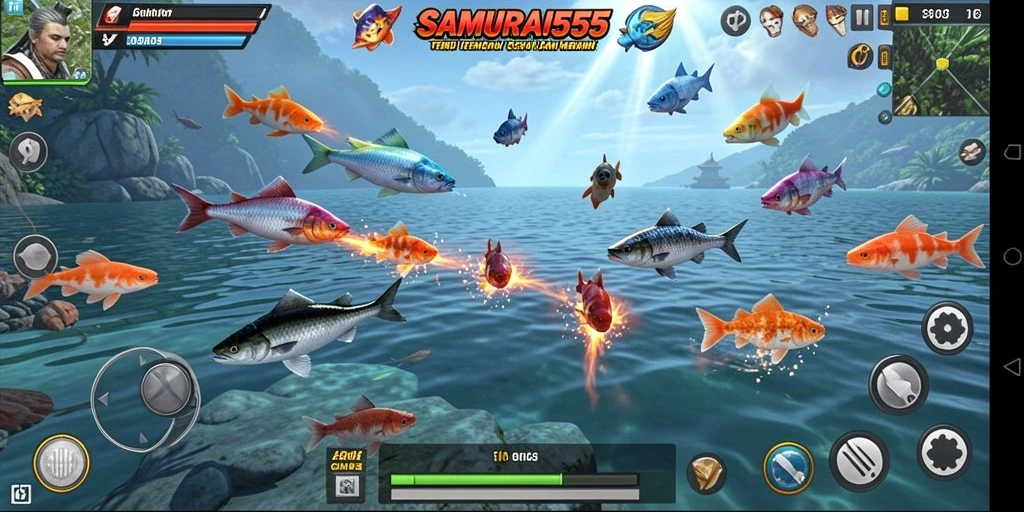 Tampilan gameplay menarik dari SAMURAI555 dengan ikan berwarna-warni.